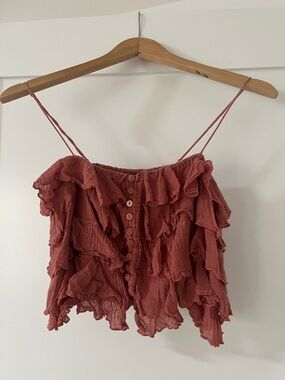 Free People Spaghetti Strap Ruffle Crop Top in Dusty Rose